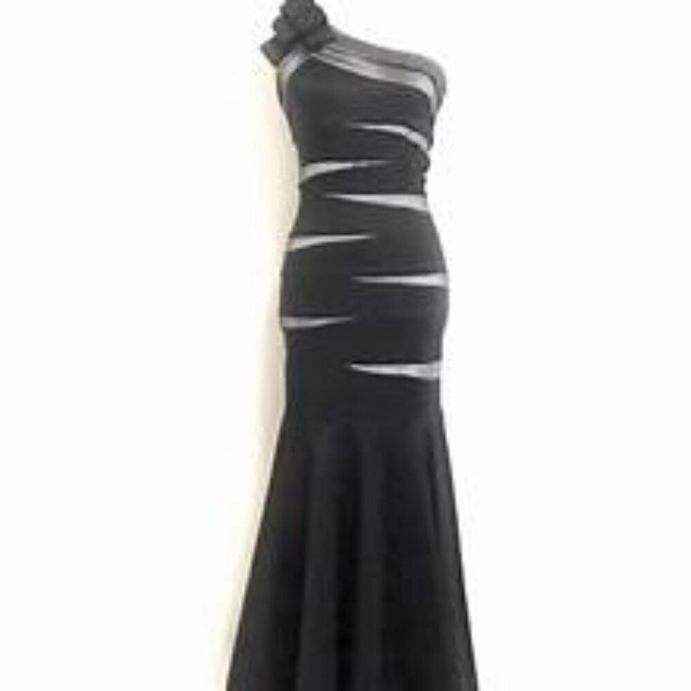 Betsy & Adam Black & Metallic One Shoulder Mermaid Long Formal Evening Dress S